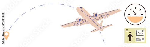Airplane flying along dotted path towards a destination marker, paired with a speedometer and passenger data chart. Ideal for travel, aviation, logistics, navigation, scheduling, transport