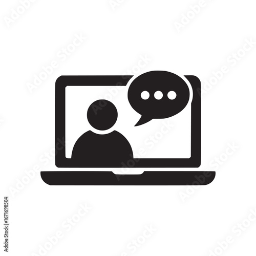 A laptop displaying a person icon with a speech bubble containing three dots in a black and white design