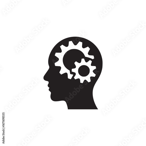 A black silhouette of a head with two white gears inside the head on a white background image art
