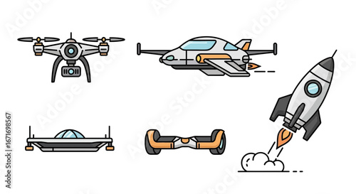 Collection of modern transportation methods including drone, flying car, hoverboard, and rocket ship displayed on white, representing innovation and future travel.