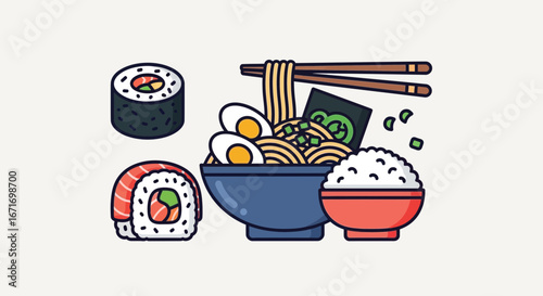 Delicious japanese food arrangement featuring sushi, ramen, and rice displayed on clean white surface representing culinary tradition and vibrant flavors.