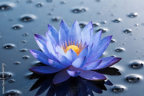 A vibrant blue lotus blooms on a dark water surface with water droplets, reflecting its beauty.