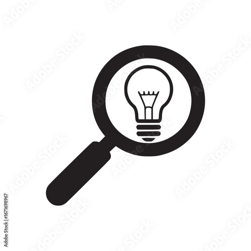 A black and white graphic of a lightbulb inside of a magnifying glass on a white background image