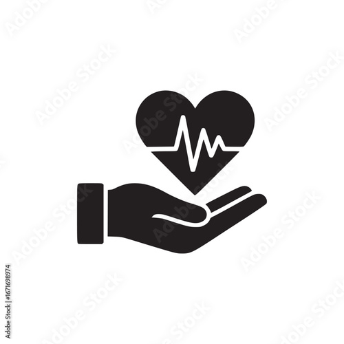 Black silhouette of a hand holding a heart with a heartbeat line on a white background design