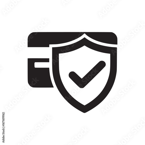 Black silhouette of a credit card with a shield and check mark on a white background displayed clearly