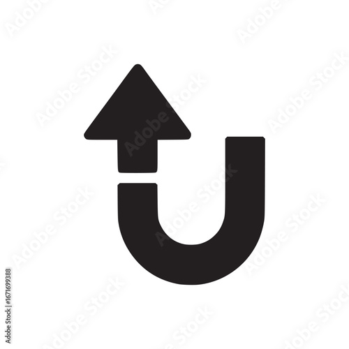 An illustration of a black arrow pointing upward with a curved tail on a white background