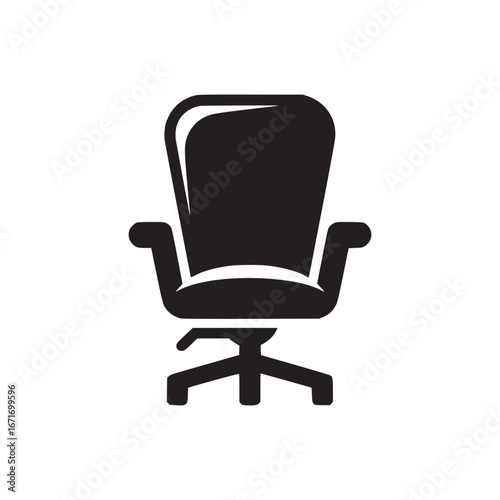 A black silhouette of an office chair with armrests and a five star base on a white background