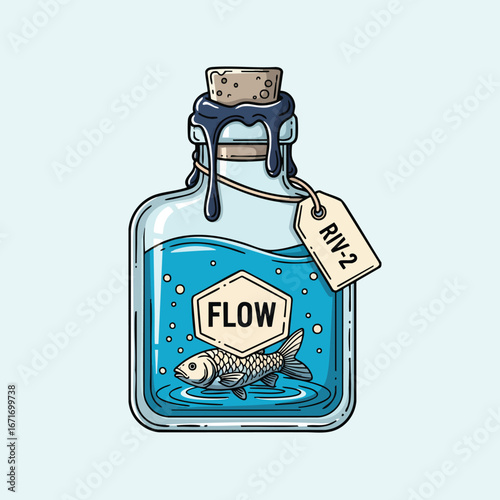Cartoon Bottle with Fish and Blue Liquid Illustration.
