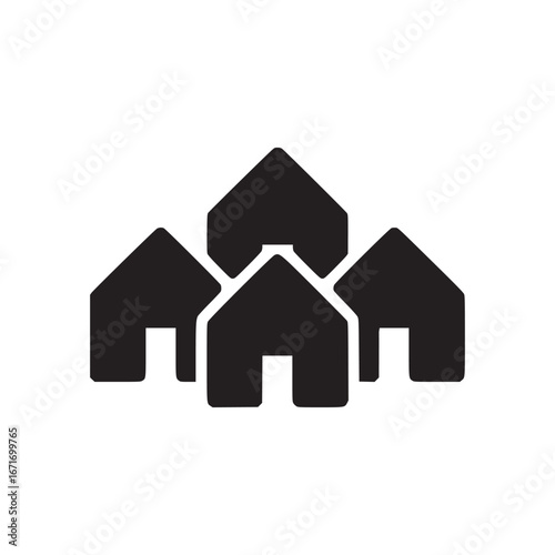 A minimalist black and white illustration of a cluster of simple house icons on a white background