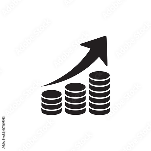 A simple black and white illustration of increasing coin stacks with an upward trending arrow