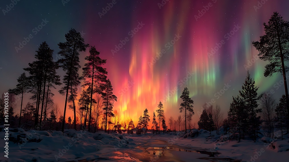 Fototapeta premium Magical northern lights above snowy pine trees under winter night sky, surreal glowing aurora colors illuminating frozen wilderness, celestial wonder and peaceful natural beauty