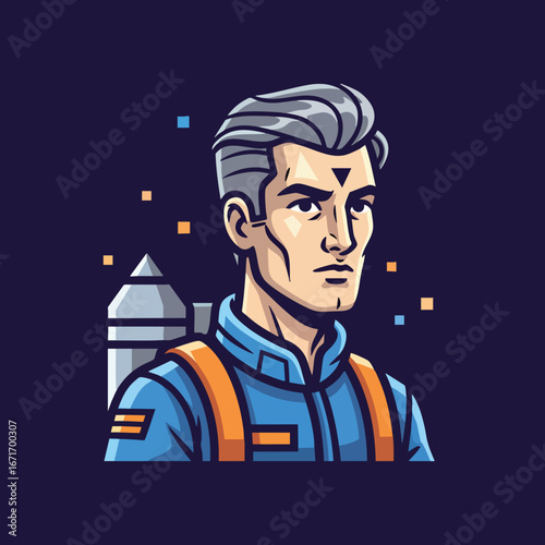 Retro Sci-Fi Astronaut Portrait with Jetpack and Cosmic Background.