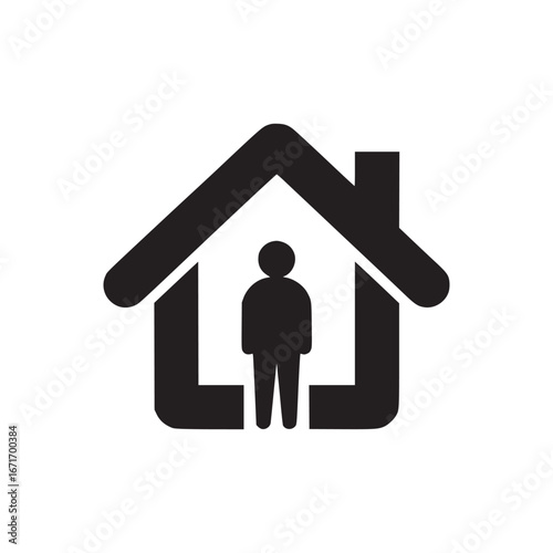 A simple black and white icon of a person standing inside of a house with a white background