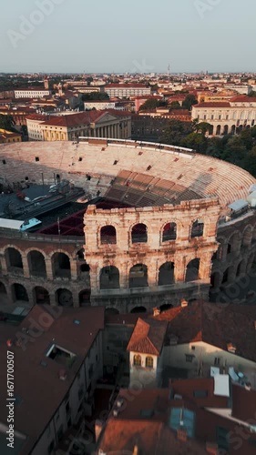 Aerial Drone Shot Flying Over The Historic Arena Di Verona Roman Amphitheater In Verona, Italy At Sunrise.