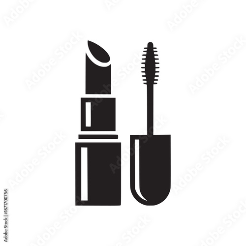 A black and white graphic illustration of lipstick and mascara on a white background surface