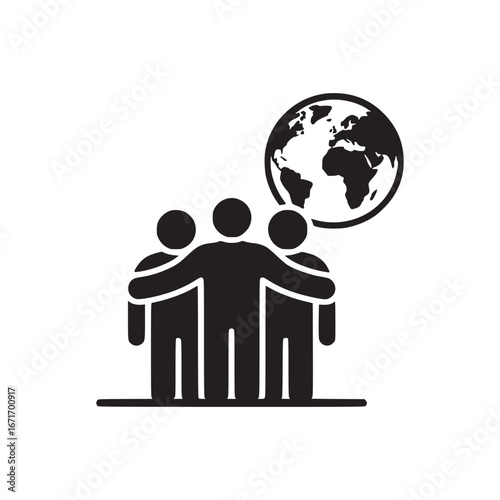 Three people standing together with arms around each other with a globe in the background above them