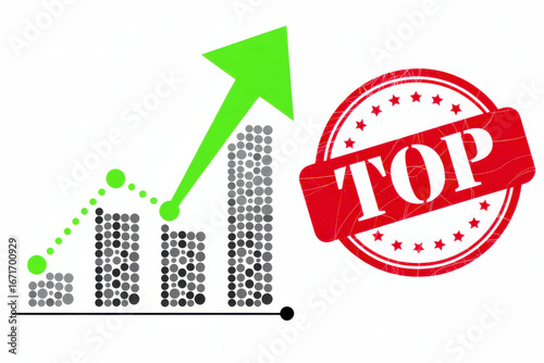 Green arrow graph shows upward trend next to red "TOP" stamp, signifying business growth success