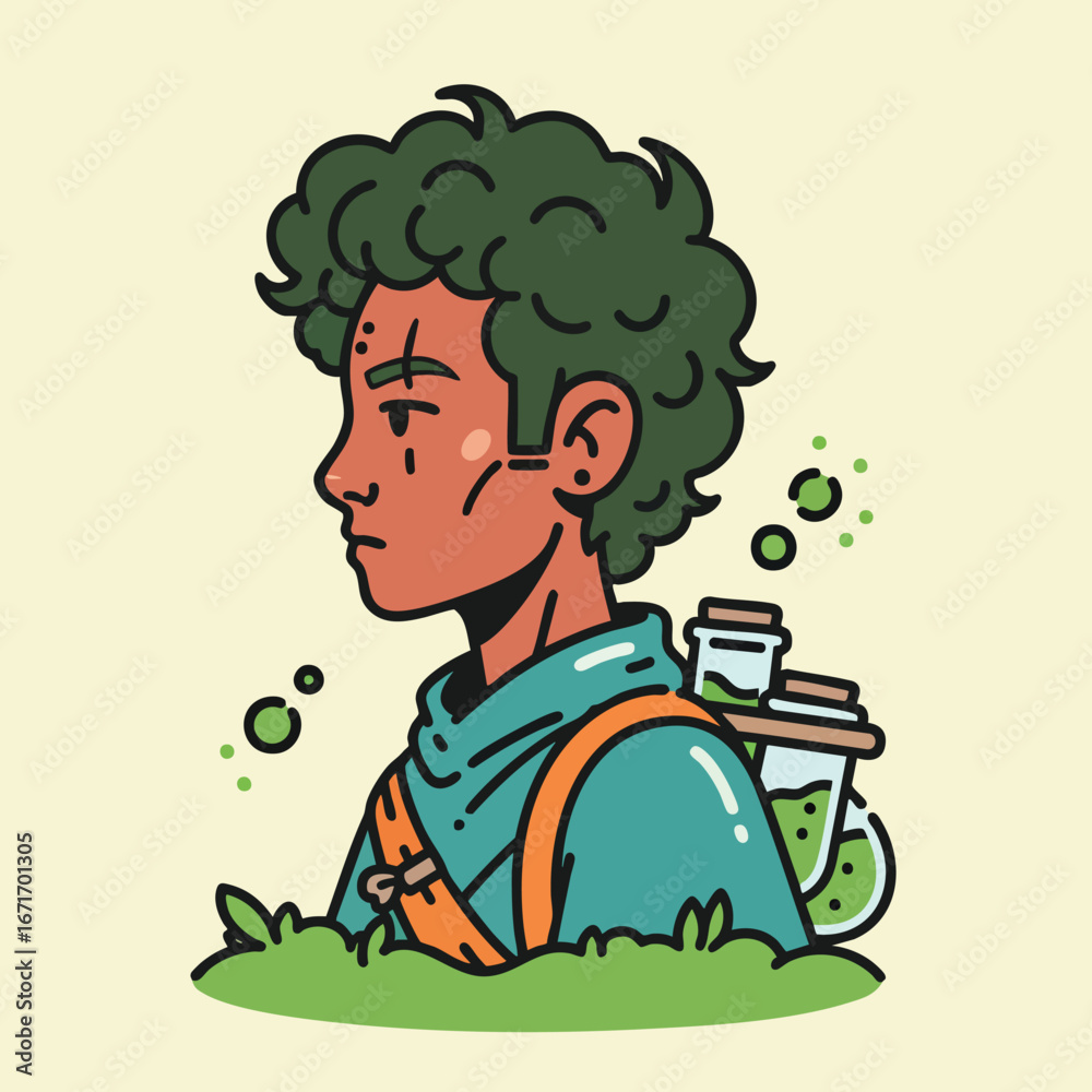 Fototapeta premium cartoon man with green curly hair.