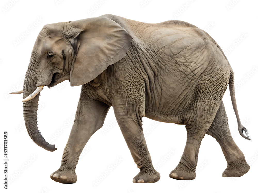Obraz premium Magnificent African Elephant Isolated on Black Background Walking with Strength and Grace Showcasing its Powerful Presence and Unique Features in High Detail