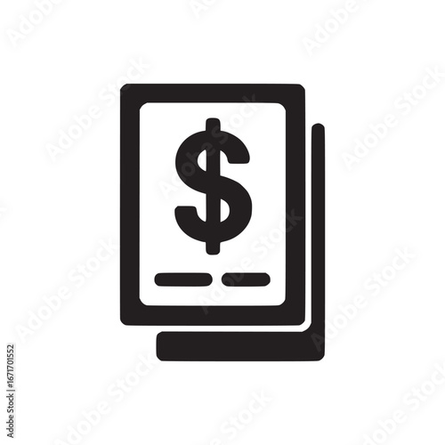 Black and white graphic icon of a dollar symbol on a document with lines below it on a white background
