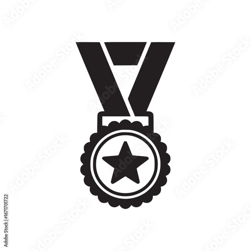 Illustration of a black medal with a star in the center hanging from a black ribbon design icon