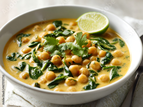Hearty chickpea and spinach curry in a white bowl garnished with lime