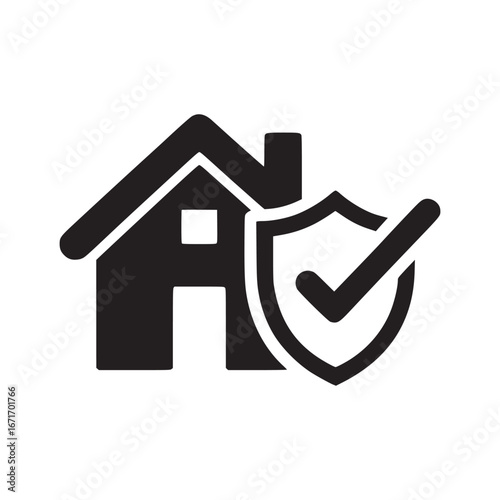 Black silhouette of a house with a shield and check mark representing home protection and security