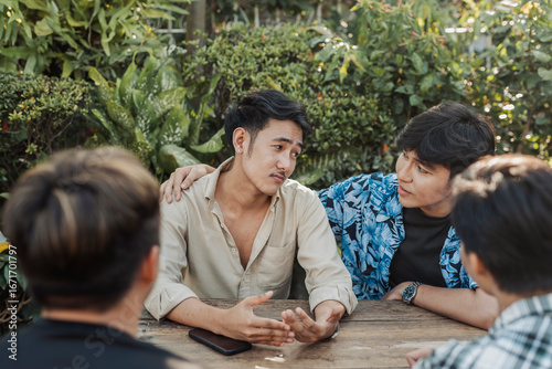 A sincere young Asian man shares heartbreak while a compassionate Southeast Asian friend reassures him with a comforting hand on his shoulder.