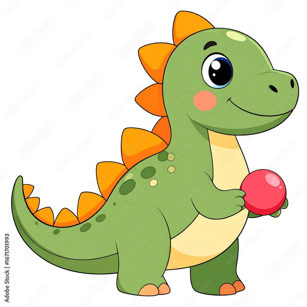 Obraz premium A cheerful cartoon dinosaur, vibrant green with orange details, holds a red ball, showcasing a playful and friendly character.
