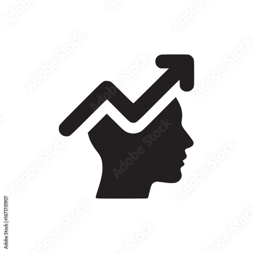 Silhouette of head with arrow pointing upward representing growth and progress on a white background