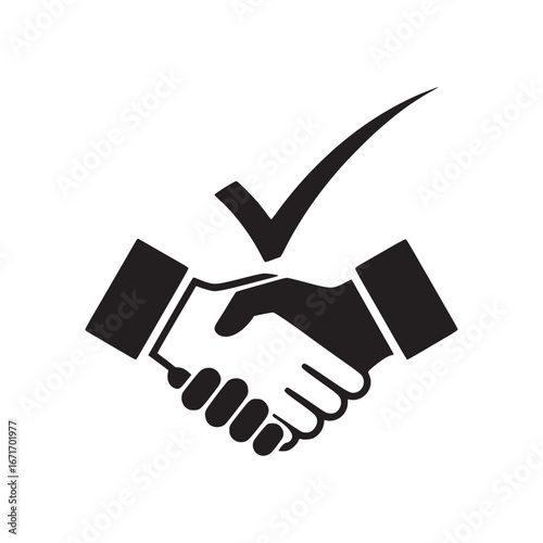 A black and white graphic of a handshake with a check mark above it symbolizing agreement or completion
