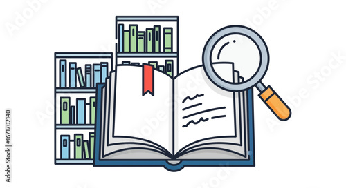 Open book with magnifying glass rests on table near bookshelves in cozy library, symbolizing knowledge and research, creating a scholarly atmosphere.