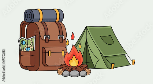 Camping gear arranged near a tent and campfire in a serene outdoor setting, evoking a sense of adventure and relaxation in nature.