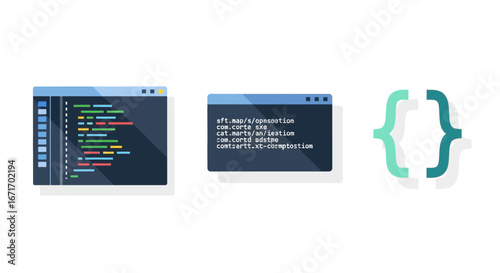 Coding windows displaying source code with curly braces symbol representing software development and programming in a modern, minimalist style.