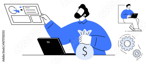 Professional examining financial progress via charts, holding money bag by laptop, with gears and remote work. Ideal for finance, business growth, investment management, remote work, data analysis