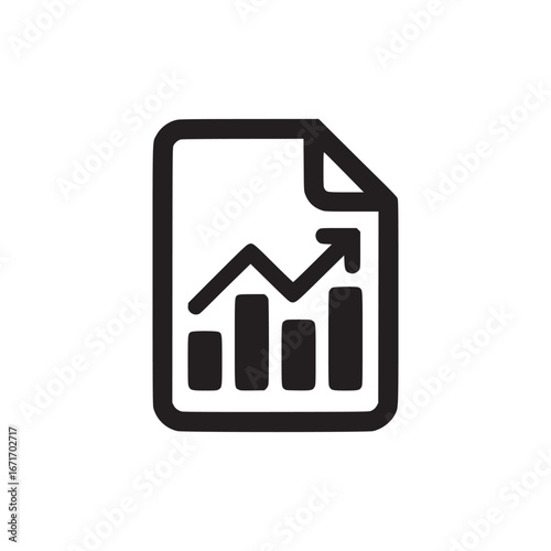 A black and white document icon showing a bar graph with an upward trending arrow on a white background