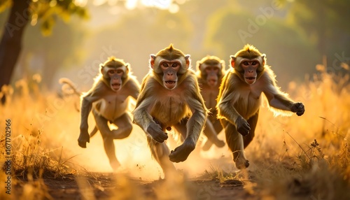 Four monkeys running towards the camera, backlit by the setting sun, kicking up dust