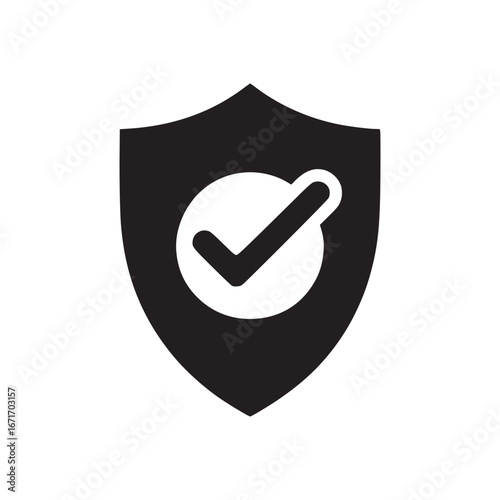 A black shield with a white circle and a check mark inside, symbolizing security and protection icon