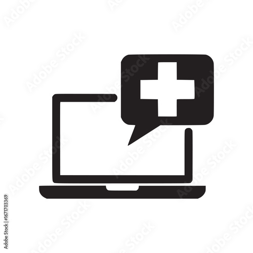 Laptop with a speech bubble containing a plus sign suggesting online medical assistance and support symbol