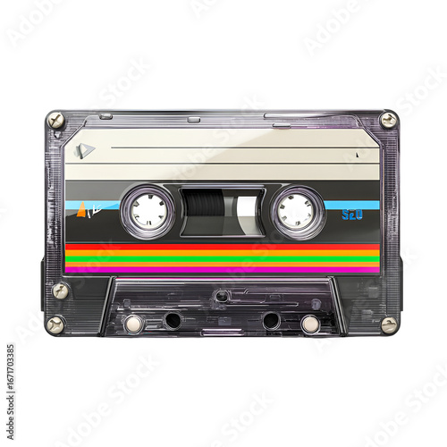 Vintage audio cassette tape with colorful stripes isolated on transparent background