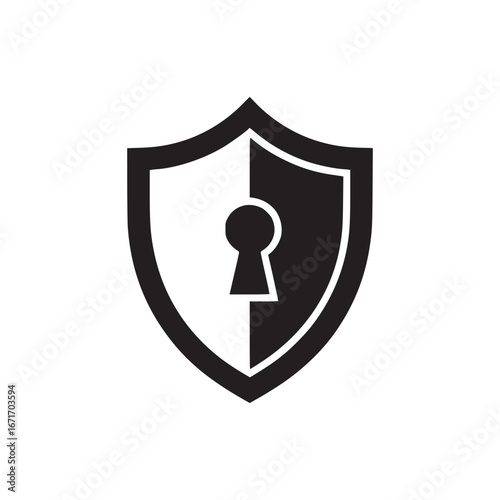 A black and white graphic of a shield with a keyhole in the center on a white background design icon