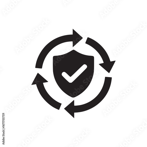 Black shield with checkmark surrounded by circular arrows against a white background illustration
