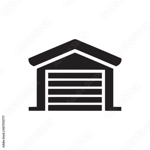 A simple black and white garage icon with a closed door and a roof on a white background design