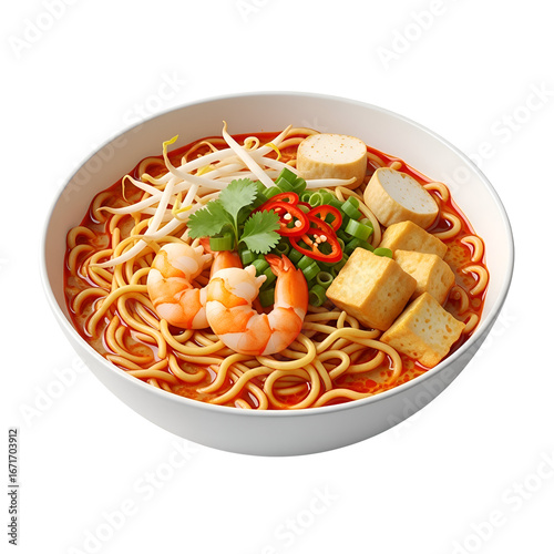 Malaysian Laksa: Spicy Noodle Soup with Prawns and Tofu.