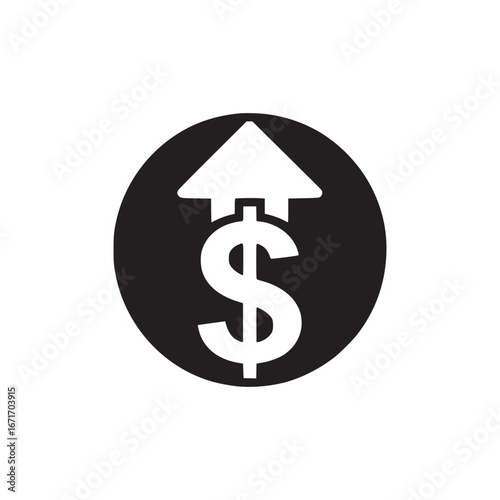 An upward arrow atop a dollar sign inside a black circle on a plain white background illustration