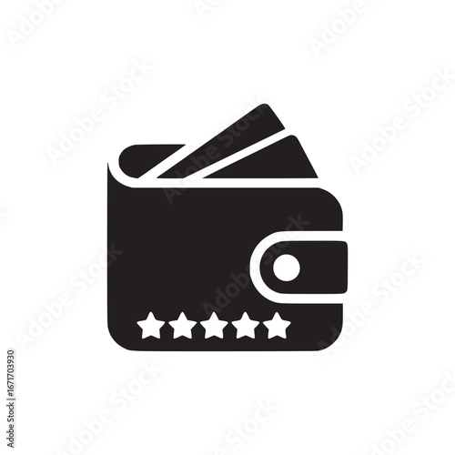 A black wallet with cards sticking out and a row of stars at the bottom on a white background
