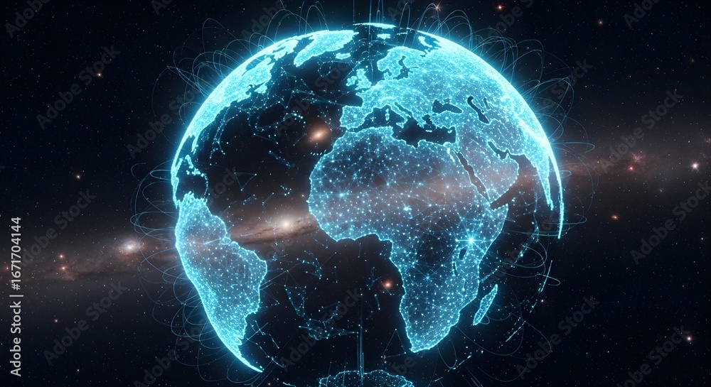 Naklejka premium Digital Earth Globe, Glowing Network, Space Background, Technology Concept