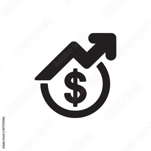 A black and white vector graphic of a dollar sign with an arrow pointing upwards and to the right