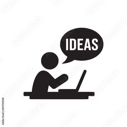 Black silhouette of person at desk with laptop and speech bubble containing the word ideas above them