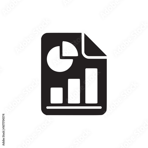 A stylized black and white icon of a document with a pie chart and bar graph on a white background